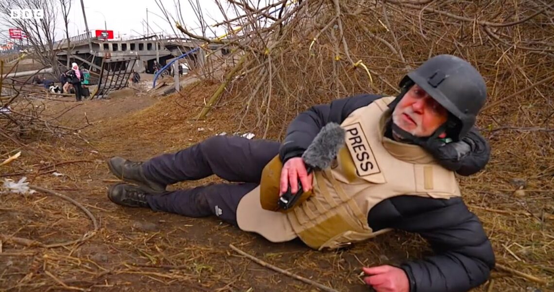 Jeremy Bowen, a BBC reporter, was actually under Russian fire during his report