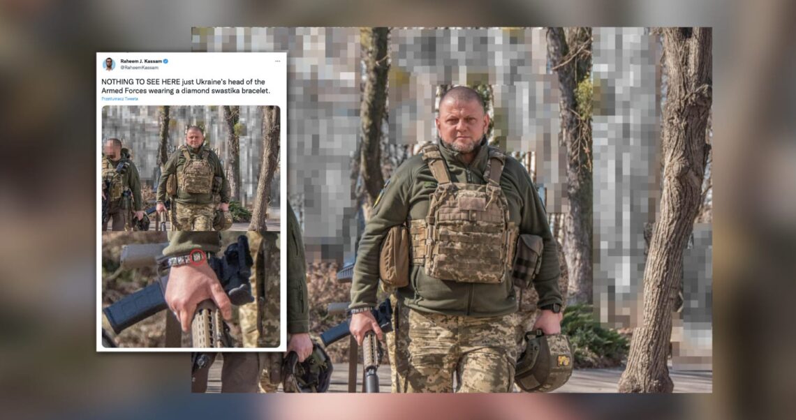 No, Valerii Zaluzhnyi, Commander-in-Chief of the Armed Forces of Ukraine, does not wear a bracelet with a swastika