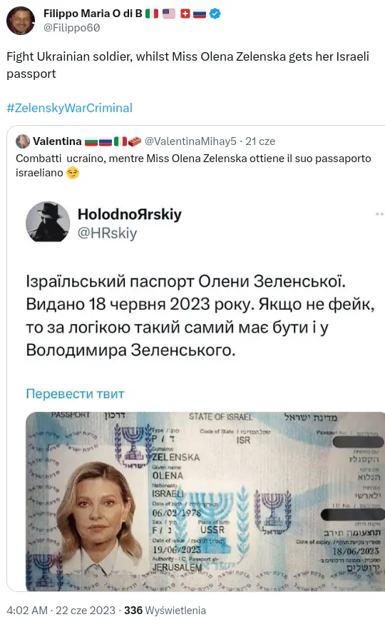 Olena Zelenska fake Israeli passport tweet
