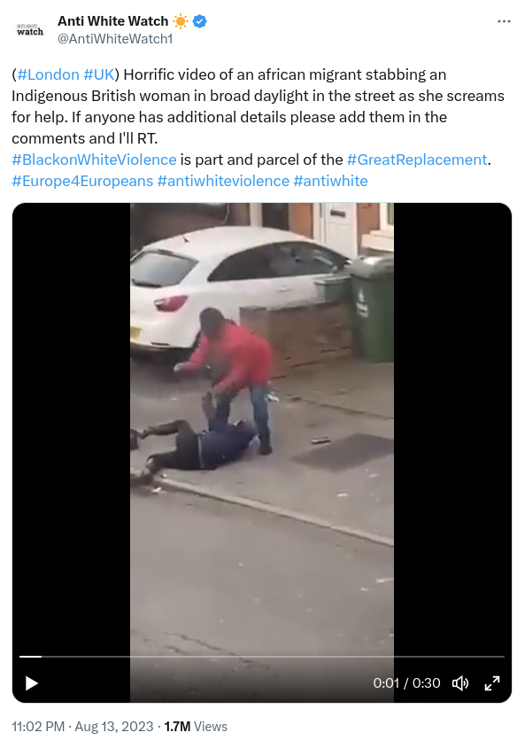Fake post / Horrific video of an african migrant stabbing an Indigenous British woman in broad daylight in the street as she screams for help.