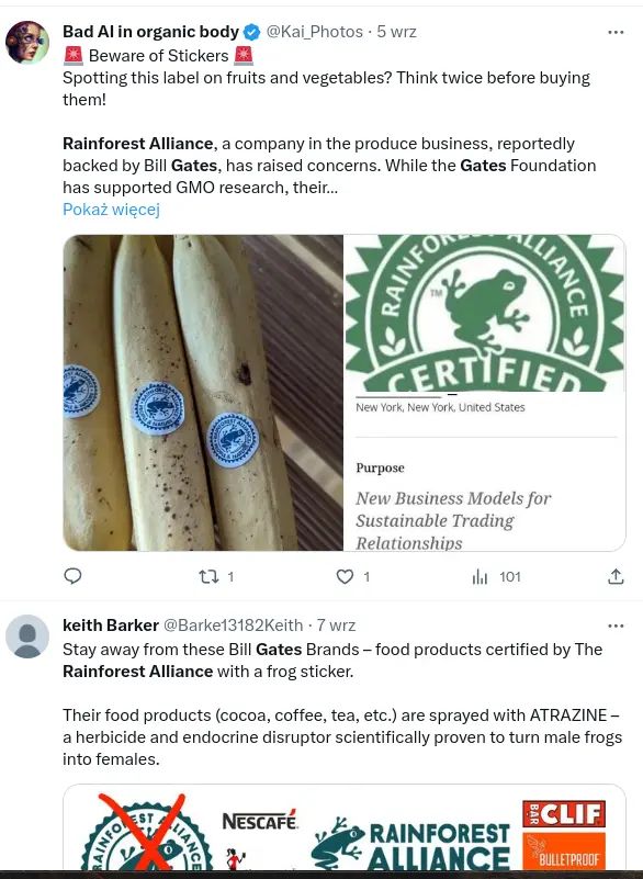 Rainforest Alliance, atrazine, and Bill Gates. Twitter posts. 