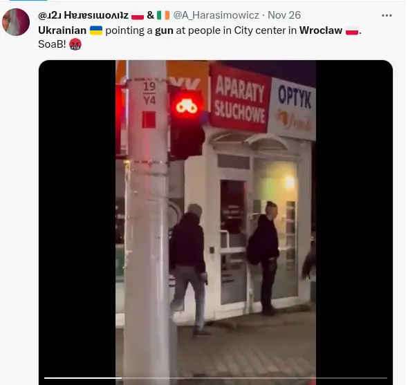 The Ukrainian man in a trending video did not point his gun at passers-by in Poland