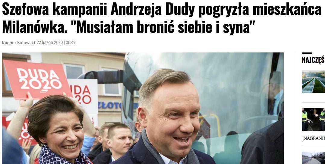 Szefowa kampanii Andrzeja Dudy pogryzła mieszkańca Milanówka. "Musiałam bronić siebie i syna"