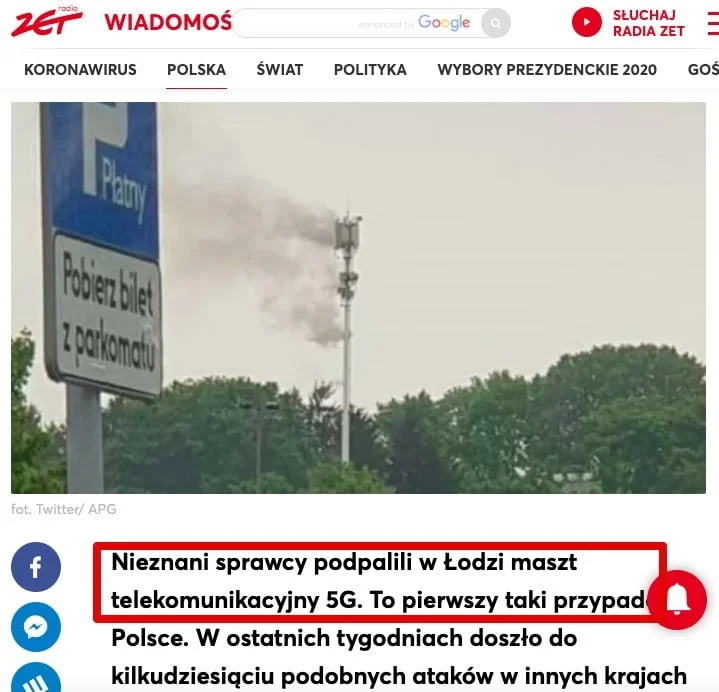 Podpalono maszt sieci 5G w Łodzi