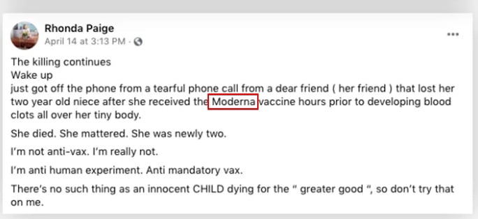Wpis na facebook'u wymieniający Modernę jako producenta szczepionki