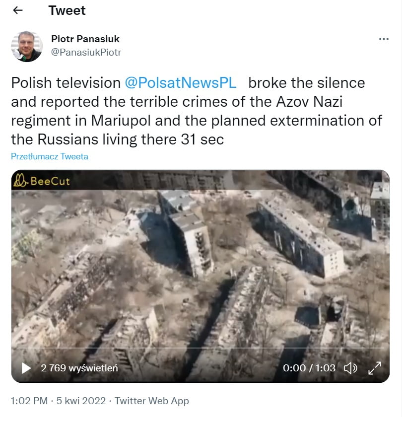 Piotr Panasiuk Tweet, 5th April 2022