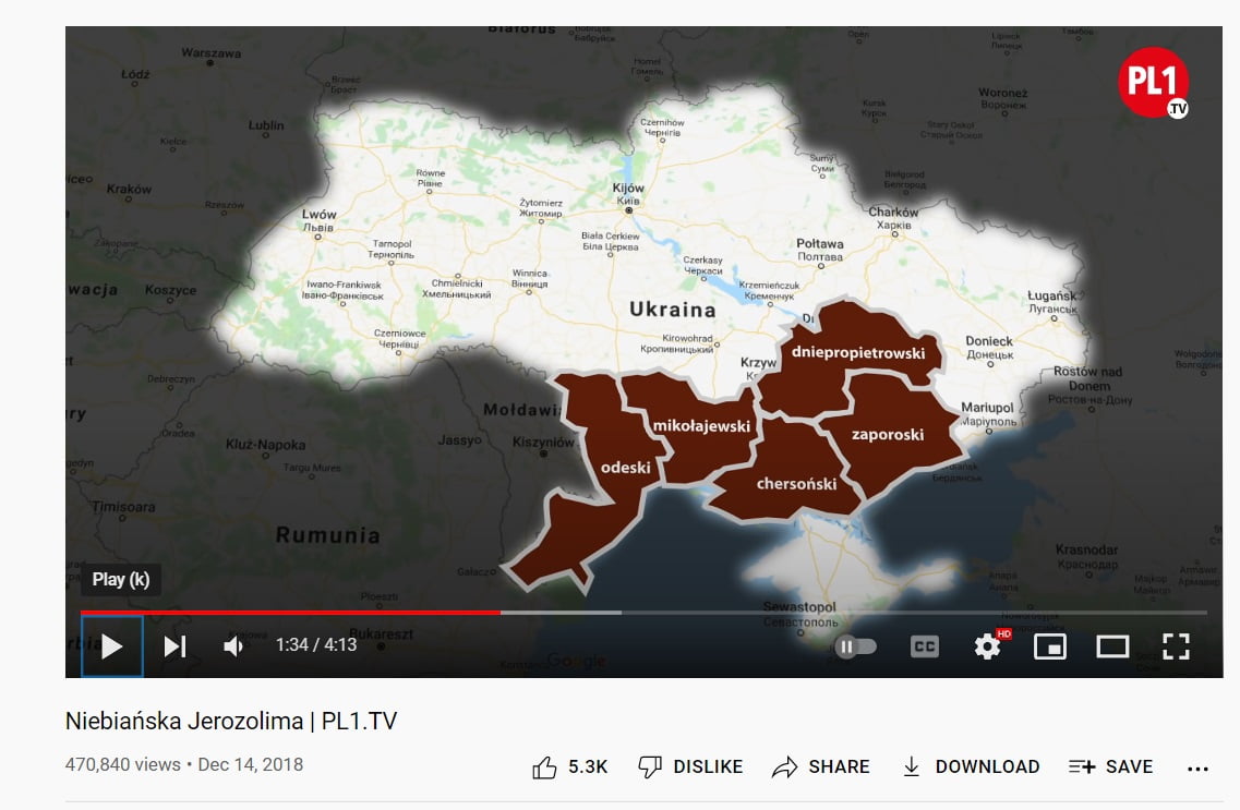 Mapa Ukrainy z zaznaczonymi obwodami, które miałyby się znaleźć w granicach "Niebiańskiej Jerozolimy"