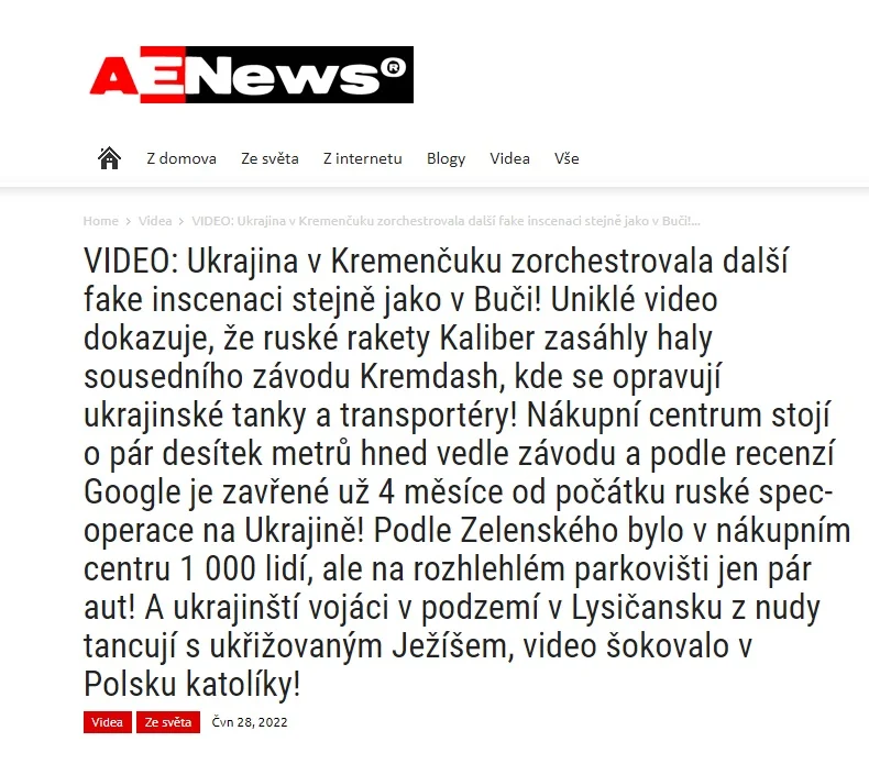 Rosyjska dezinformacja w postaci krzykliwego leadu na czeskim portalu informacyjnym oskarżający Ukraińców o zainscenizowanie ataku rakietowego w Krzemieńczuku