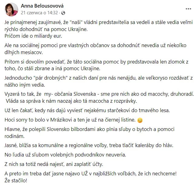 Facebook post presenting the opinion on the privilege of Ukrainian refugees in Slovakia, source: Facebook