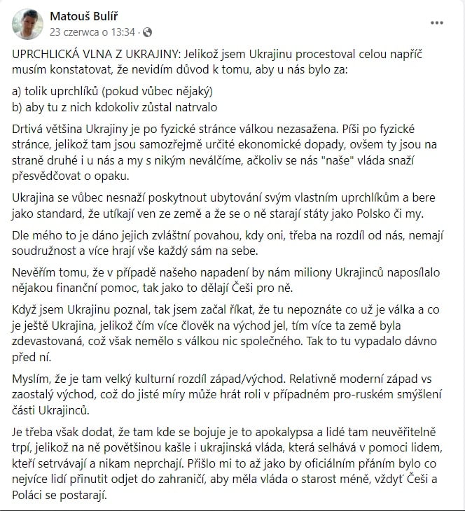 Matouš Bulíř's entry accusing Ukrainian refugees arriving in Czechia of being guided by economic reasons. Source: Facebook