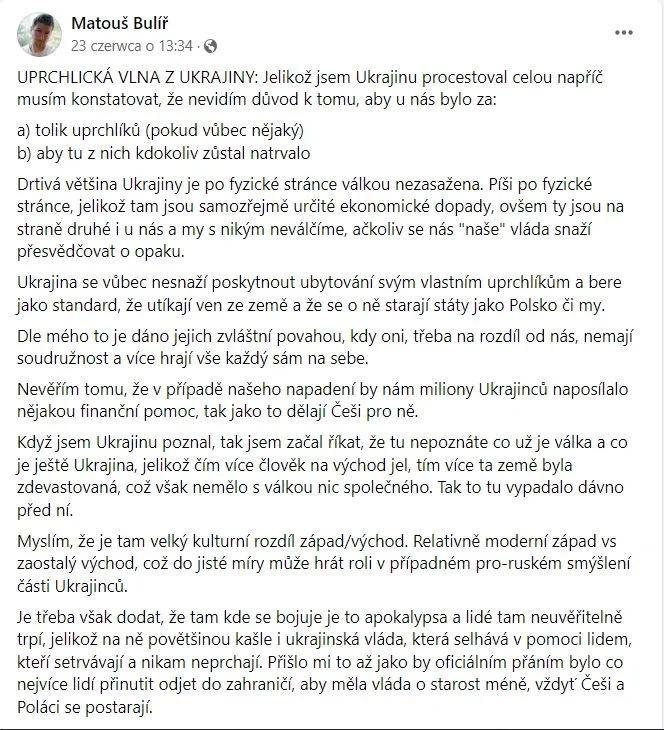Przykład rosyjskiej dezinformacji na czeskim Facebooku