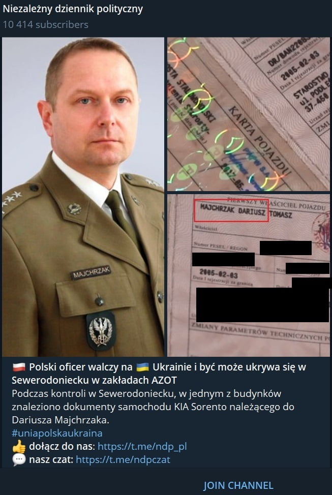 A post on Telegram reporting the participation of the Polish Army officer in the battles for Sievierodonetsk, Source: Telegram