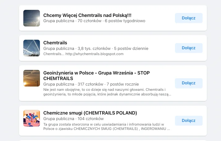 Wyniki wyszukiwania grup na facebooku
