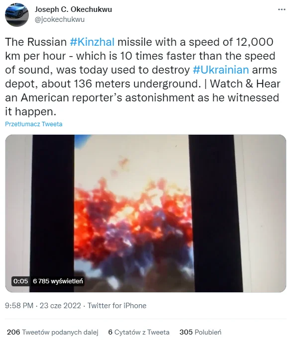 Nie, ten film nie przedstawia uderzenia pocisku Kindżał w ukraiński skład amunicji