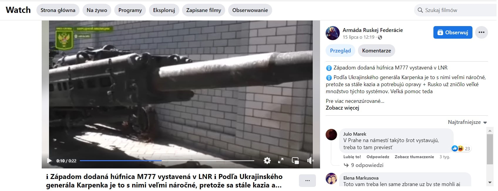 A film in which Russian propaganda tries to show destroyed Ukrainian equipment received from Western countries. Source: Facebook