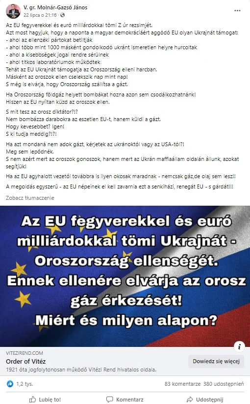Rosyjskie narracje oskarżają Unię Europejską o roszczenia dostaw gazu z Rosji