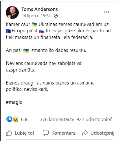 Prorosyjski wpis stwierdzający, że w wojnie najważniejszym czynnikiem jest gospodarka i biznes