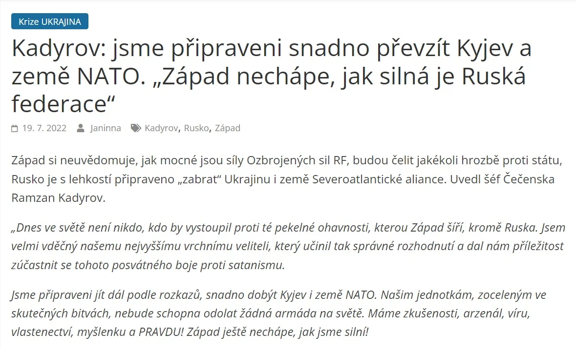 Rosyjska dezinformacja wykorzystuje w Czechach groźby Ramzana Kadyrowa skierowane w stronę Zachodu