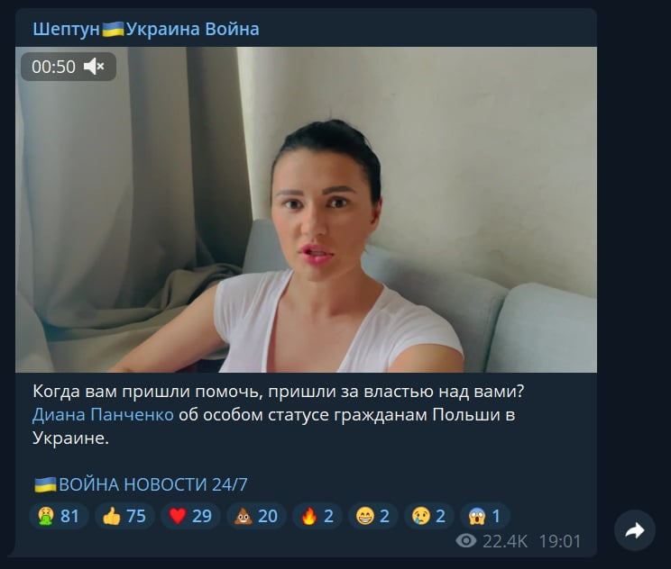 Video in which Diana Panchenko talks about the special status of Poles in Ukraine. Source: Telegram