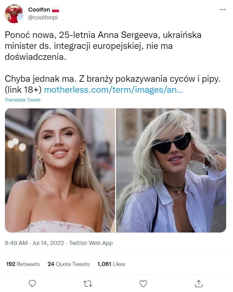 tweet według którego Anna Sergeeva miała umieszczać w sieci swoje nagie zdjęcia
