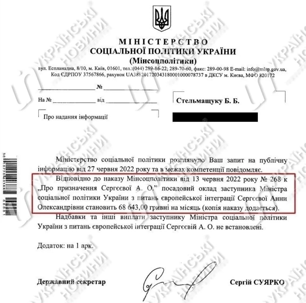 dokument ministerstwa zaświadczający, że Sergeeva zarabiała jako wiceminister 68 643 hrywien