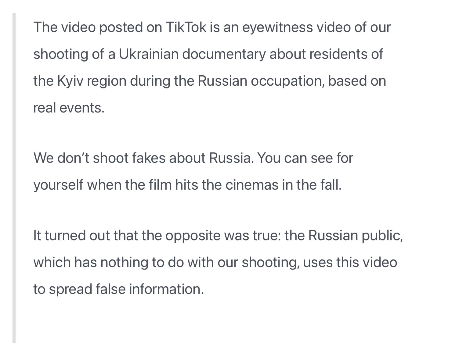 Russian propaganda uses footage from a film set to spread disinformation - Creators Statement