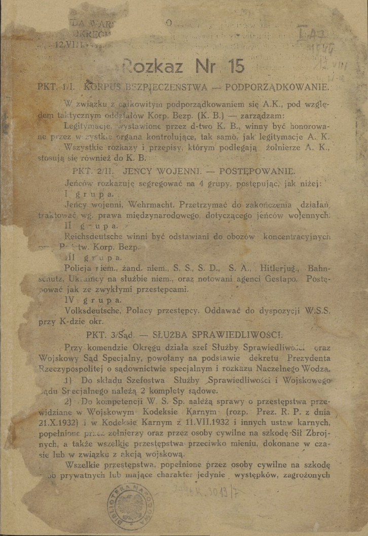 Order No. 15 of the Commander of the Warsaw District of the Home Army
