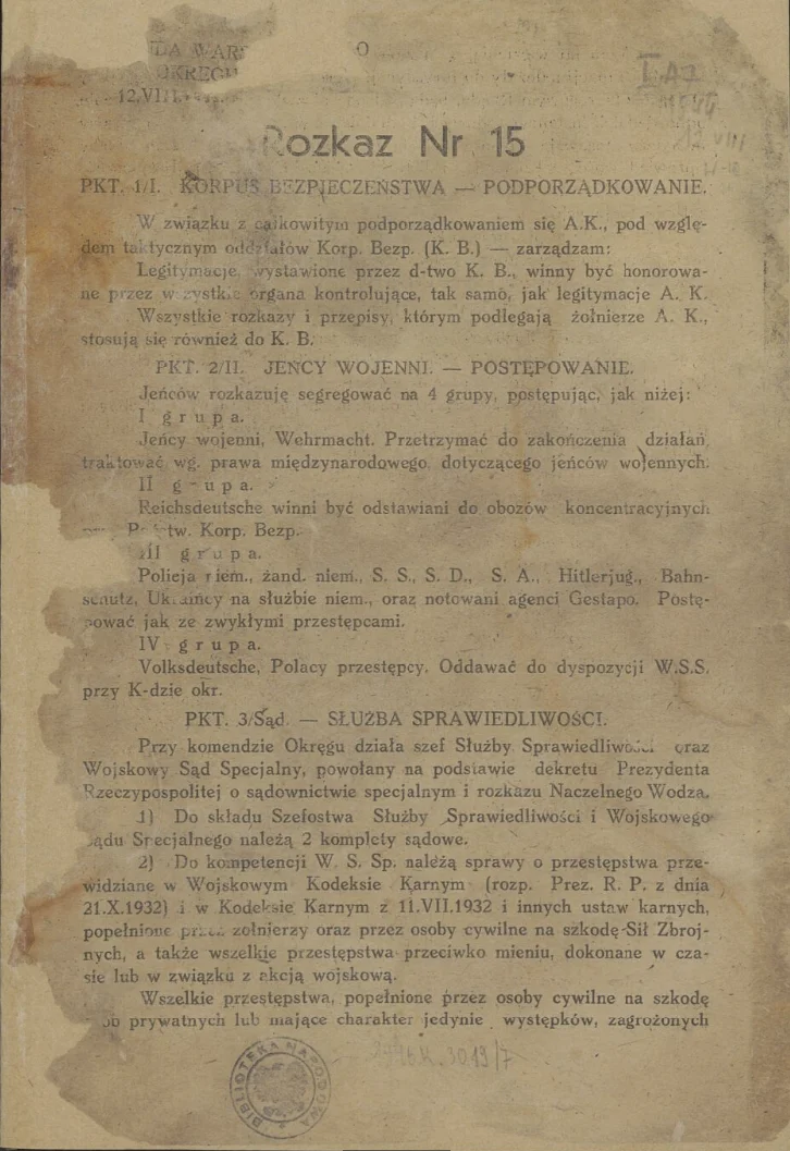Order No. 15 of the Commander of the Warsaw District of the Home Army