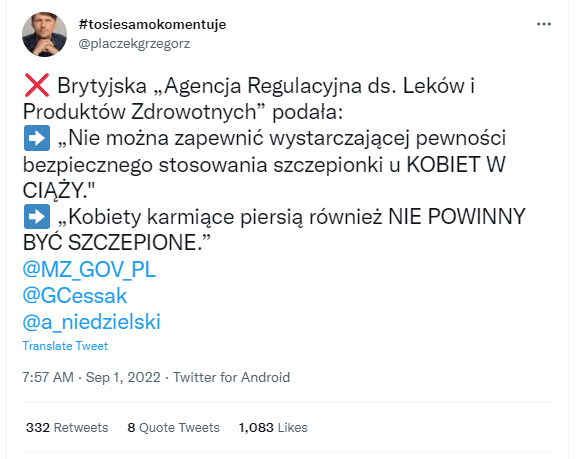 dezinformujący tweet Grzegorza Płaczka