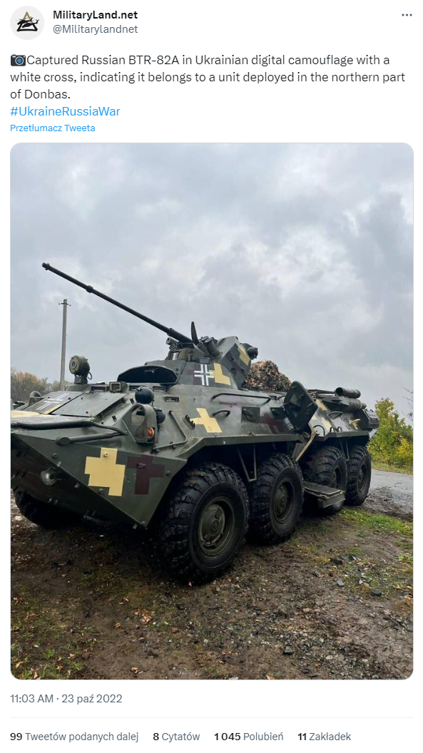 A captured BTR-82A with the Wehrmacht cross painted on it. Source: twitter.com