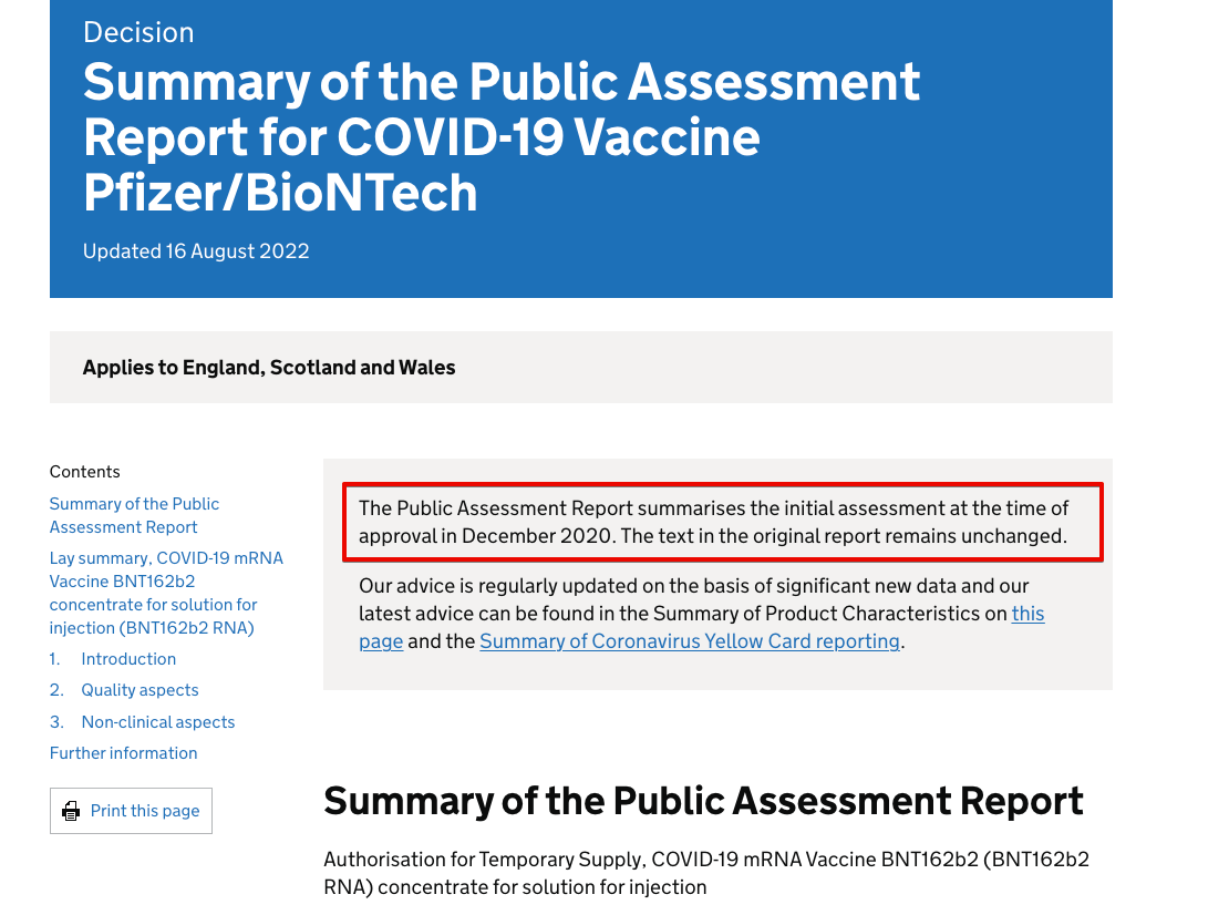 Summary of the Public Assessment Report for COVID-19 Vaccine Pfizer/BioNTech