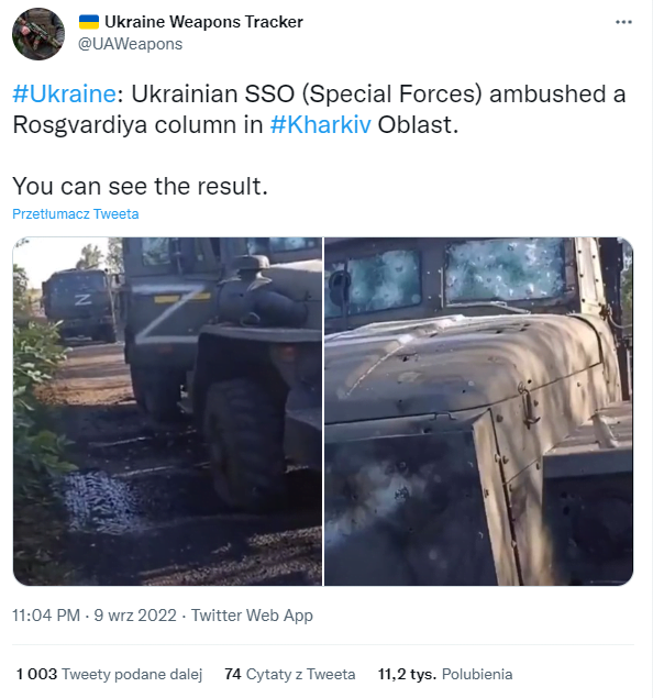 The result of the Ukrainian ambush against the units of the Rosguard. Source: twitter.com
