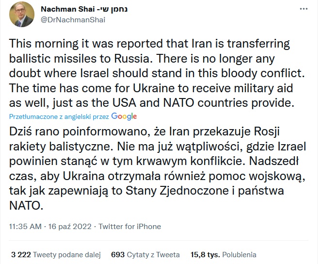 Nachman Shai o pomocy dla Ukrainy