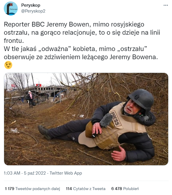 Jeremy Bowen podczas swego reportażu rzeczywiście przebywał pod rosyjskim ostrzałem