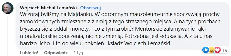 Komentarz ks. Lemańskiego pod postem Cmentarza Żydowskiego we Warszawie