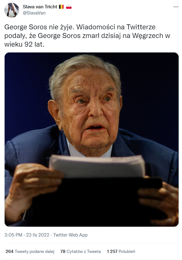 George Soros wciąż żyje, a jego cytowane słowa o Żydach są zmyślone