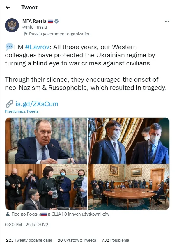 Tweet rosyjskiego Ministerstwa Spraw Zagranicznych cytujący słowa Siergieja Ławrowa, które zawierają fałszywe tezy