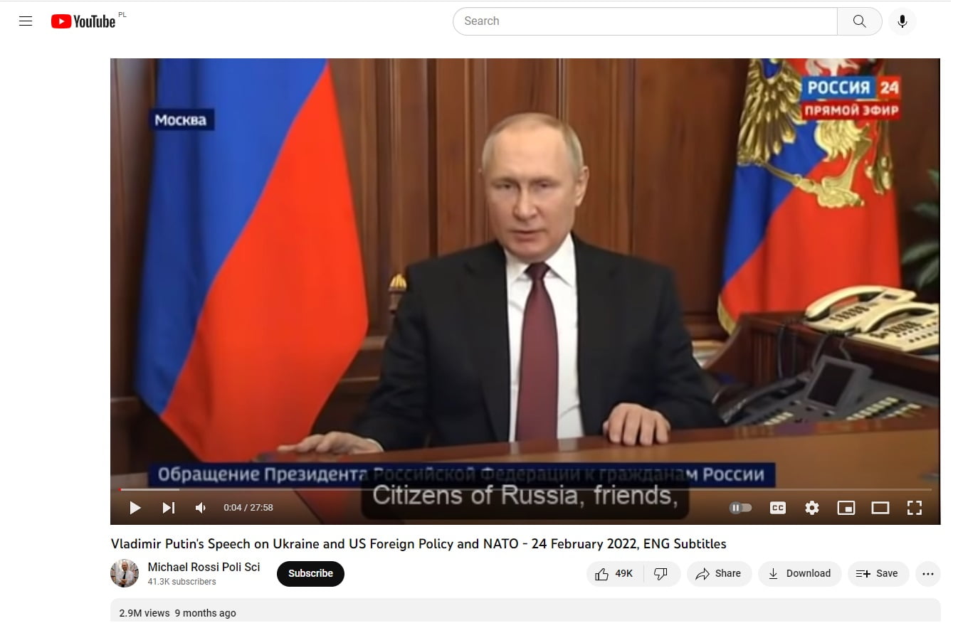 Speech by Vladimir Vladimirovich Putin of February 24, 2022, starting the war between Russia and Ukraine