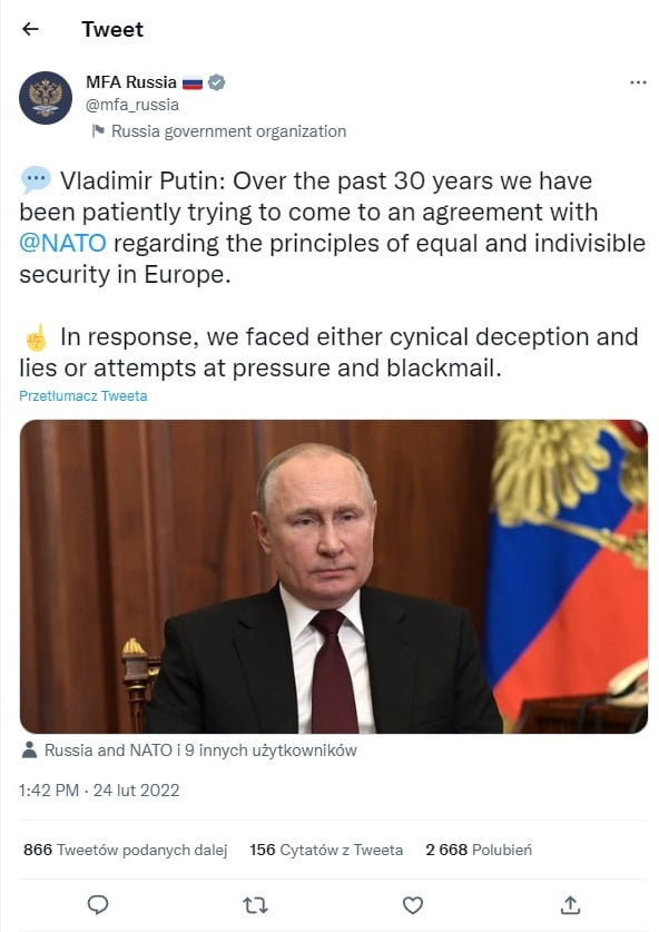 Tweet rosyjskiego Ministerstwa Spraw Zagranicznych cytujący słowa Władimira Putina zawierający fałszywe informacje