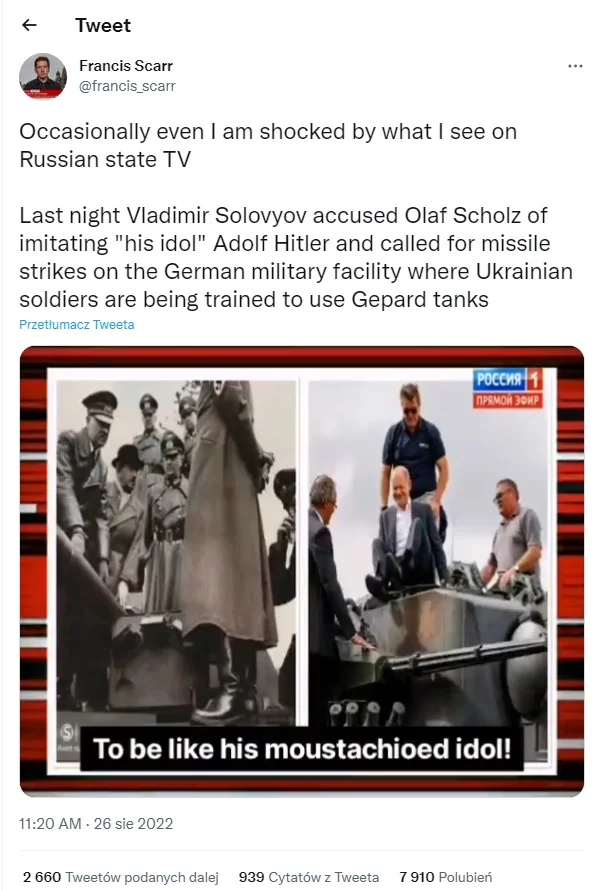 Tweet prezentujący fragment programu publicystycznego z rosyjskiej państwowej telewizji, w którym o naziz oskarżany jest kanclerz Niemiec