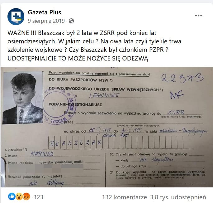 Gazeta Plus o wniosku paszportowym Błaszczaka