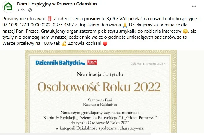 Osobowość roku: Dom Hospicyjny w Pruszczu Gdańskim