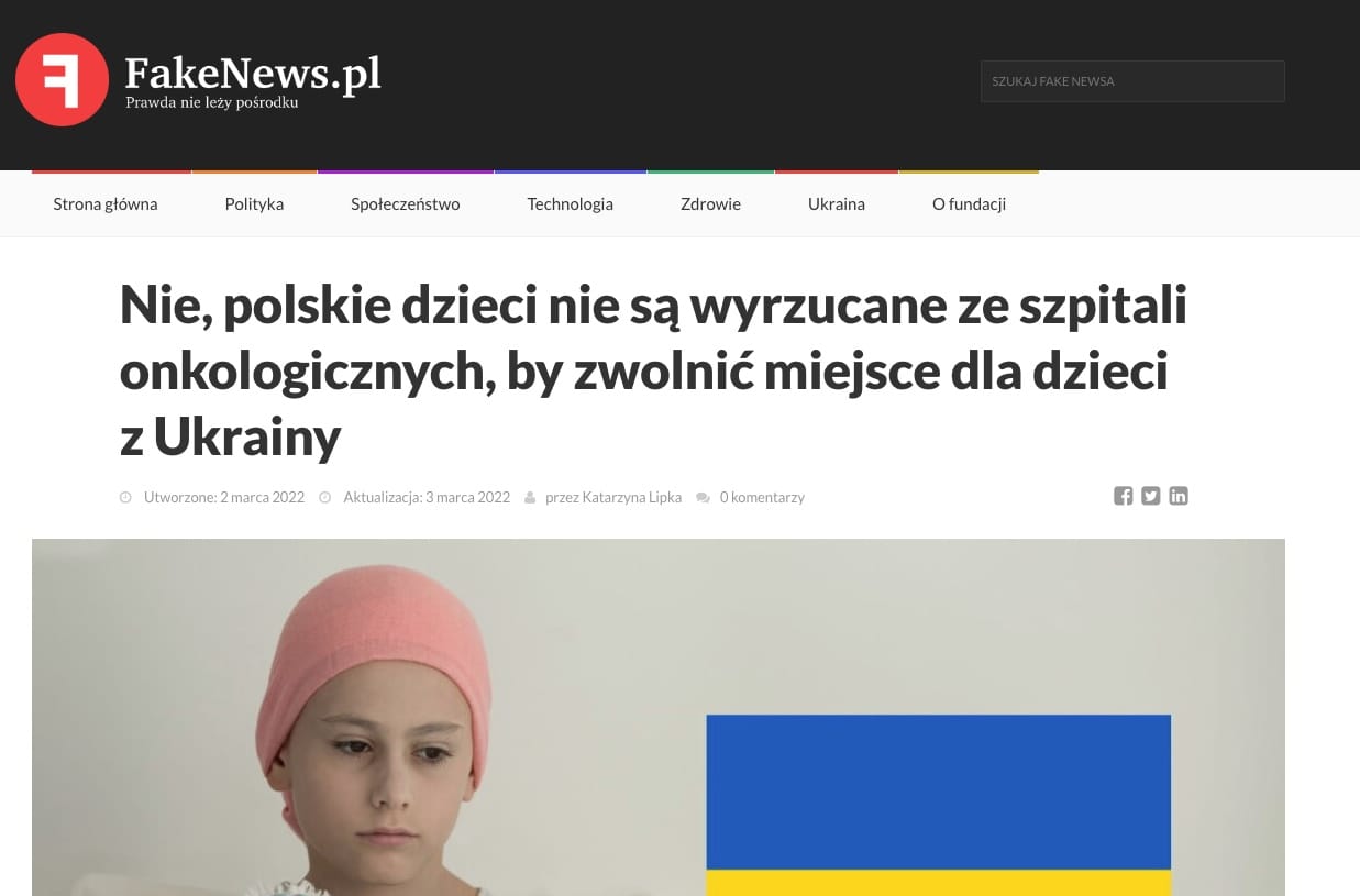 Nie, polskie dzieci nie są wyrzucane ze szpitali onkologicznych, by zwolnić miejsce dla dzieci z Ukrainy