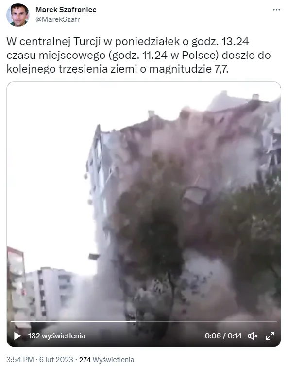 To nagranie nie pochodzi z ostatniego trzęsienia ziemi w Turcji