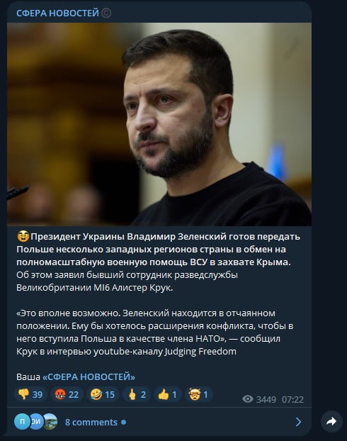 Post na prorosyjskim kanale Telegrama mówiący o tym, że Ukraińcy chcą oddać Polsce zachodnie obwody swojego państwa