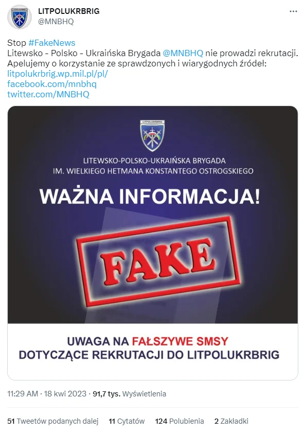 SMS-y od Litewsko-Polsko-Ukraińskiego Korpusu są fałszywe