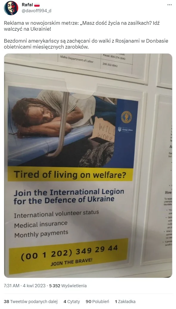 Ukraiński plakat rekrutacyjny dla amerykańskich bezdomnych jest fałszywką