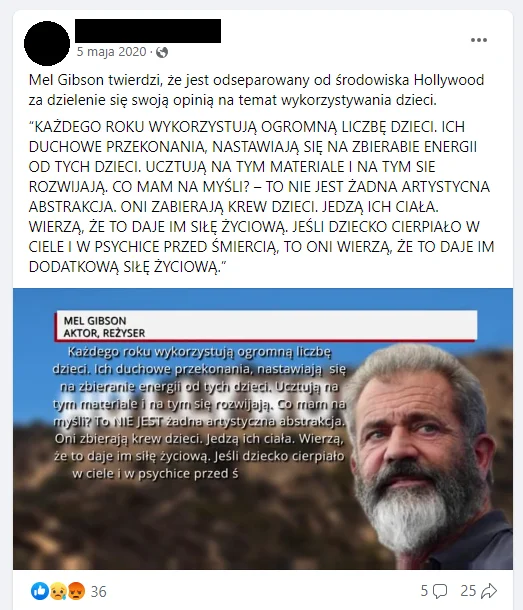 Mel Gibson nigdy nie twierdził, że w Holywood pije się krew dzieci