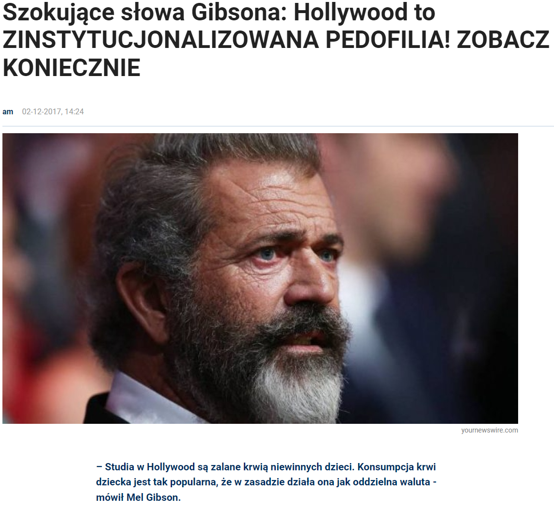 Mel Gibson nigdy nie twierdził, że w Holywood pije się krew dzieci