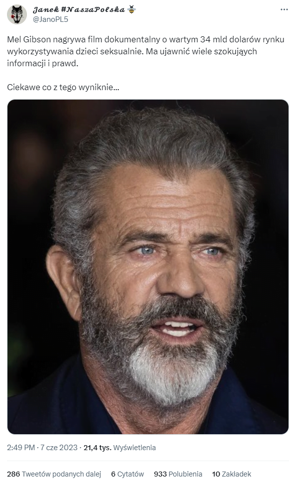 Mel Gibson nie ma nic wspólnego z dokumentem o handlu dziećmi